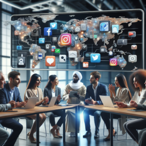 A diverse group of engaged professionals and creators gathered in a stylish, modern workspace, collaborating and interacting around multiple digital devices and large screens displaying social media icons, conveying a high-energy, global social media marketing event poised to set a world record.