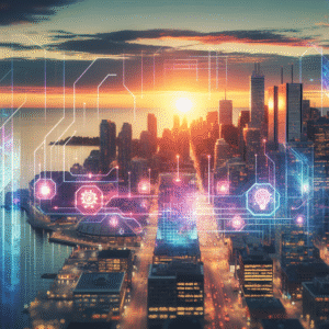 A cinematic editorial image of Toronto’s modern city skyline at dusk with subtle digital AI-themed holographic overlays symbolizing ethical technology and innovation, blending urban energy with a thoughtful, futuristic atmosphere.
