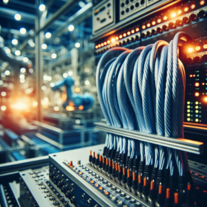 Close-up cinematic shot of thick industrial automation cables neatly bundled and connected inside a high-tech factory control panel, illuminated by cool blue and orange ambient lighting that highlights their durable insulation and complex wiring, with a blurred background of advanced robotic machinery and automated production lines, conveying innovation and the critical role of cables in modern smart manufacturing.