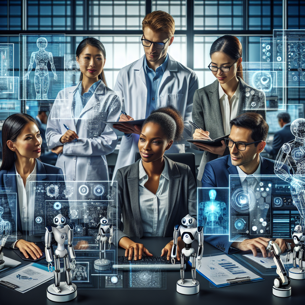 A cinematic editorial image of a diverse team of professionals collaborating with futuristic transparent digital interfaces and robotic arms automating office tasks in a modern workspace, symbolizing the integration of robotic process automation and artificial intelligence enhancing business efficiency.