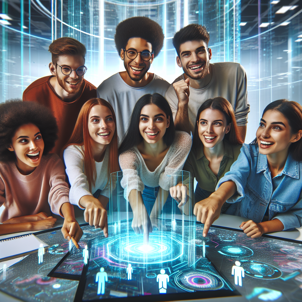 A cinematic editorial image of a diverse group of enthusiastic students collaborating around a futuristic workspace filled with holographic AI interfaces and digital data projections, symbolizing innovation, creativity, and teamwork in a high-tech educational setting.