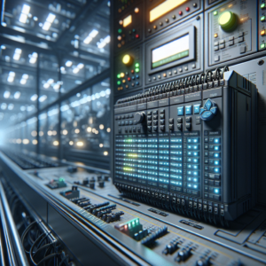 A cinematic close-up of a rugged industrial PLC controller mounted inside a high-tech factory control panel, surrounded by glowing LED indicators and complex wiring, with a blurred background of a modern automated manufacturing line bathed in cool blue and industrial gray tones.