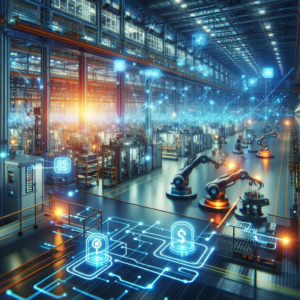 A cinematic close-up of an industrial factory floor illuminated with blue and orange lighting, showcasing advanced machinery and robotic arms integrated with glowing AI sensor nodes and digital data streams subtly overlaid to represent Edge AI processing in real time, conveying cutting-edge technology enhancing automation and efficiency.