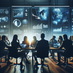 A dynamic, cinematic editorial photo of a diverse group of focused professionals engaging in a virtual content strategy conference, with multiple screens displaying data analytics, storytelling visuals, and digital marketing graphs softly glowing in a modern, dimly lit workspace.
