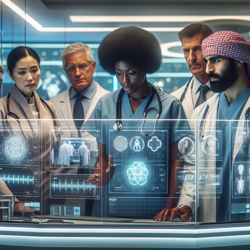 A cinematic editorial photo of diverse healthcare professionals collaborating around futuristic transparent digital screens displaying abstract AI-driven medical data and hospital workflow diagrams in a softly lit modern hospital control room.
