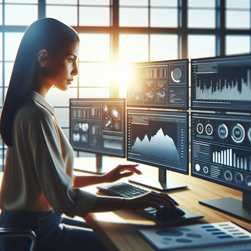 A focused, cinematic scene of a professional marketing analyst reviewing dynamic social media performance dashboards on multiple sleek screens in a modern office, illuminated by soft natural light through large windows, conveying data-driven insight and strategic decision-making.