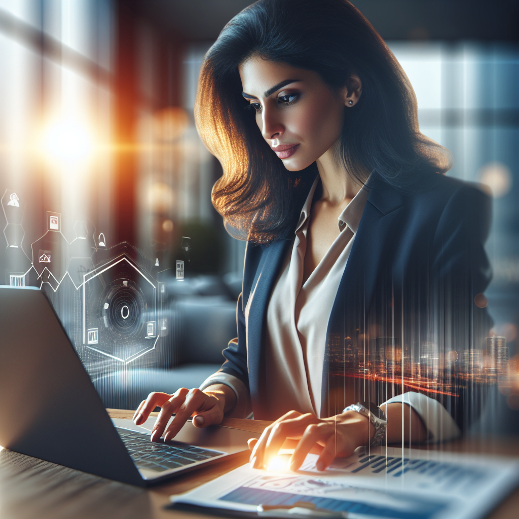 A cinematic editorial photograph of a professional real estate agent thoughtfully analyzing email campaign performance on a sleek laptop in a modern office, surrounded by dynamic charts and property images softly blurred in the background, evoking focus and strategic insight.