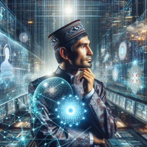 A cinematic editorial portrait of a visionary Uzbek tech leader thoughtfully engaging with futuristic AI visualizations and digital data streams in a modern innovation hub, with subtle hints of Uzbekistan’s cultural motifs in the background, conveying leadership and the rise of AI innovation.