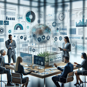 A cinematic editorial image of a diverse team of financial professionals collaborating around layered digital screens displaying charts, graphs, and content strategy elements in a modern office, symbolizing a multi-layered, data-driven BFSI content strategy for 2026.