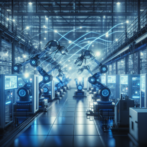 A cinematic, high-tech industrial factory interior with interconnected robotic arms, glowing digital data streams linking machines and control panels, illuminated by cool blue ambient lighting, conveying seamless smart connectivity and advanced automation in a modern manufacturing environment.