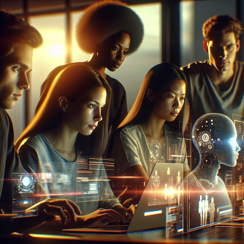 A dynamic, cinematic shot of a diverse small team of young AI professionals collaborating intensely around laptops and futuristic screens in a modern, stylish startup office, with warm natural light highlighting their focused expressions and the innovative energy of a small firm driving breakthrough AI innovation in 2025.