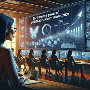 A cinematic editorial scene showing a content strategist thoughtfully reviewing data and analytics on multiple screens in a modern, warmly lit office, symbolizing the power of predictable audience interaction and consistent content planning.