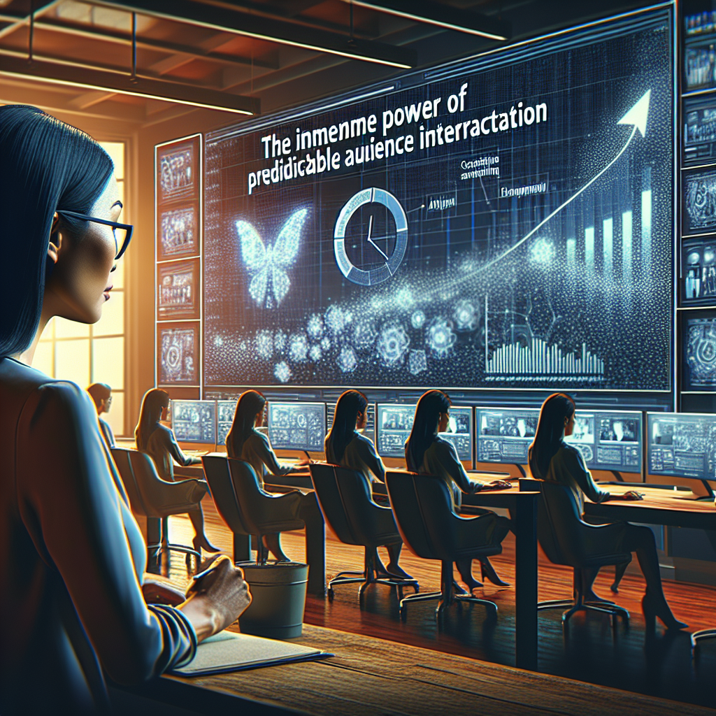 A cinematic editorial scene showing a content strategist thoughtfully reviewing data and analytics on multiple screens in a modern, warmly lit office, symbolizing the power of predictable audience interaction and consistent content planning.