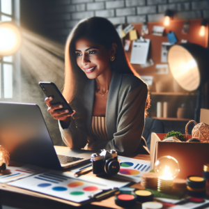 A dynamic, cinematic shot of a small business owner confidently engaging with vibrant social media content on a laptop and smartphone in a cozy, modern workspace filled with product samples and marketing materials, capturing the energy and growth potential fueled by digital connections.