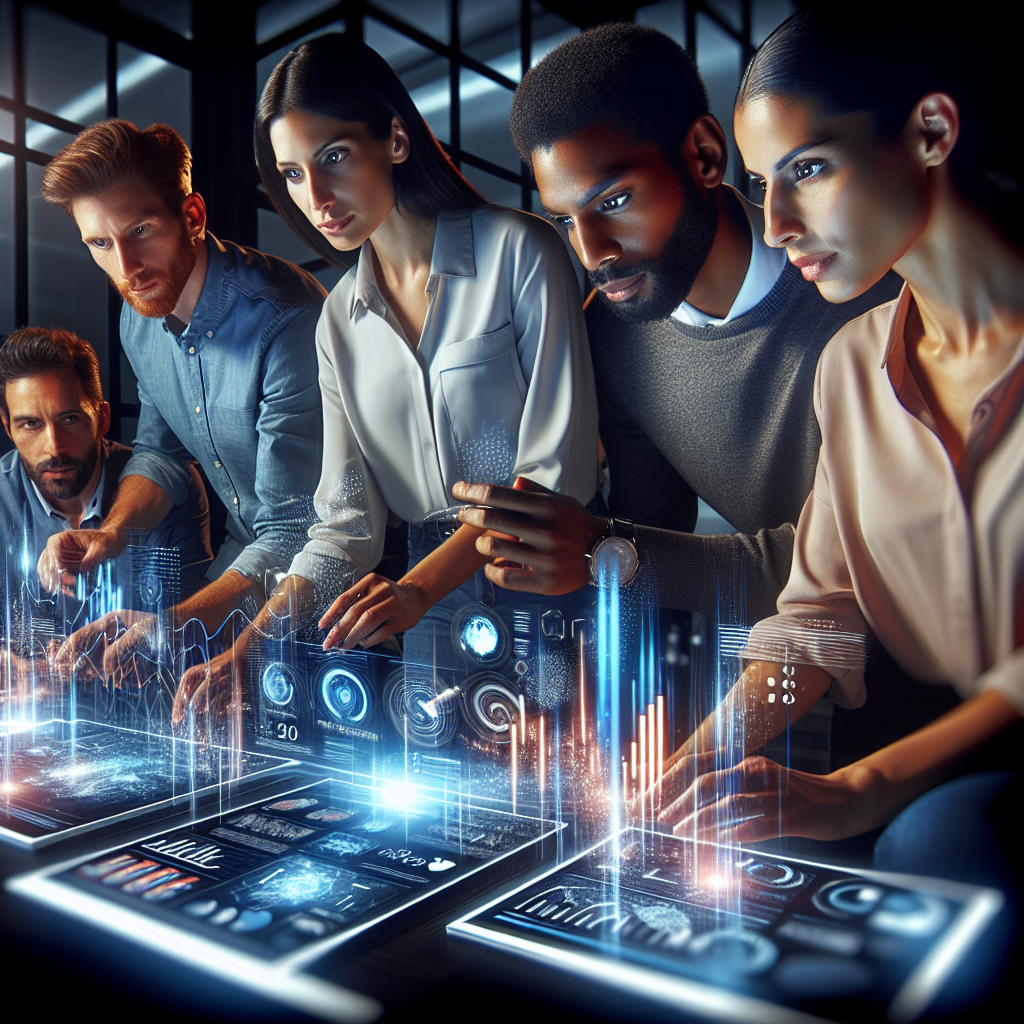 A dynamic, cinematic shot of a diverse team of marketing professionals collaborating intensely around multiple glowing digital screens displaying abstract social media analytics and engagement graphs in a sleek, modern office, emphasizing innovation and strategic technology in social media marketing.
