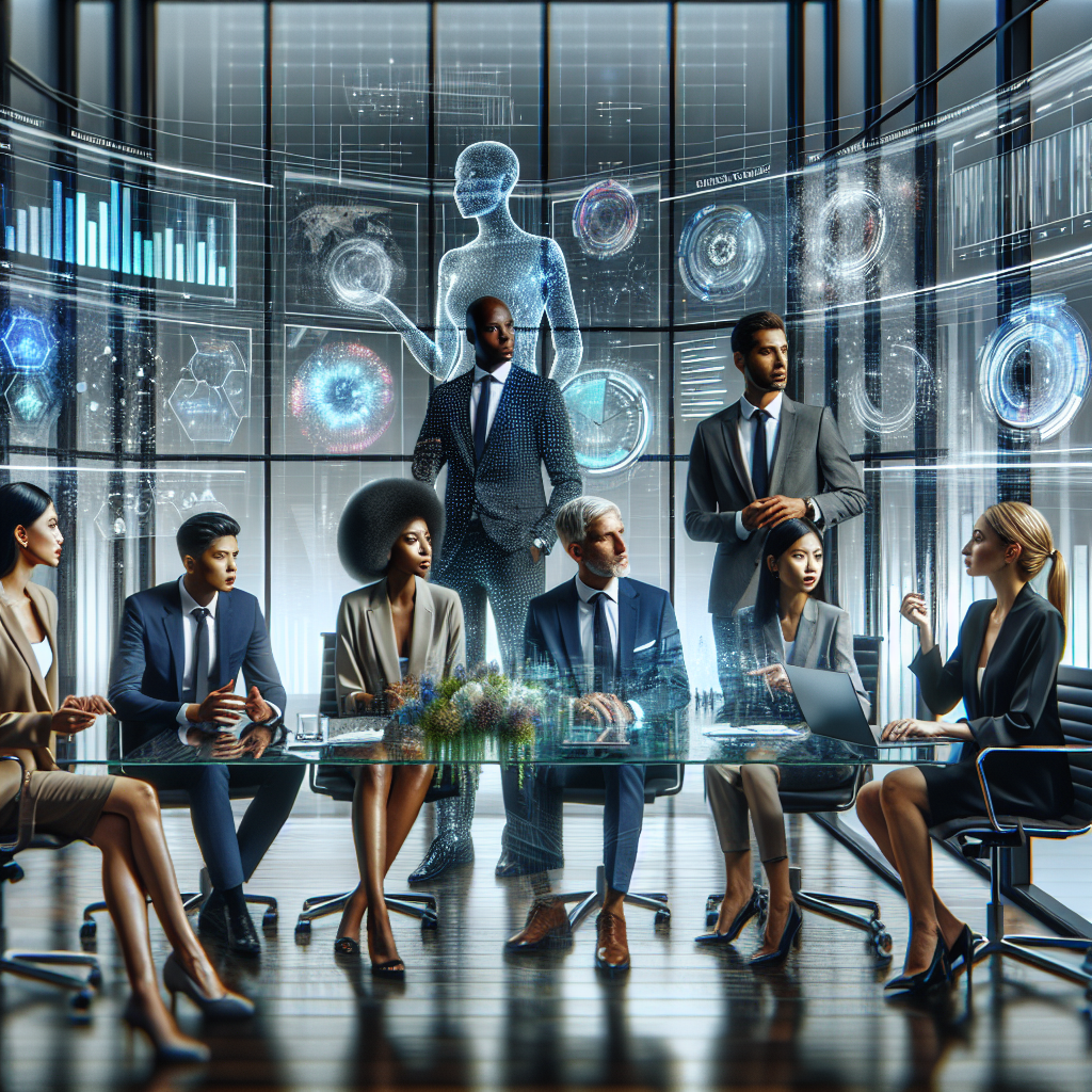 A cinematic, editorial-style image showing a sleek modern office with diverse business professionals engaging in a strategic discussion around digital fashion supply chain data visualizations on transparent screens, highlighting dynamic growth and collaboration in e-commerce.