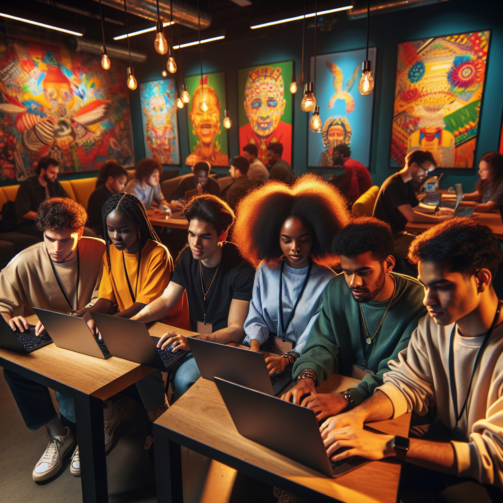 A diverse group of focused young Caribbean developers collaborating intensely around laptops in a modern co-working space, illuminated by warm cinematic lighting that highlights cultural artwork and vibrant island-inspired decor, capturing the dynamic energy and innovation of a cutting-edge AI hackathon.