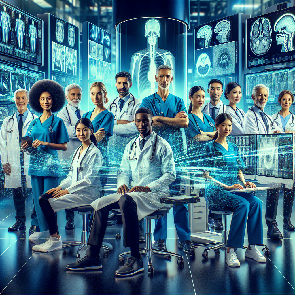 A cinematic, editorial-style image showing a diverse team of healthcare professionals and AI researchers collaborating in a modern hospital lab filled with advanced medical imaging and NVIDIA-inspired high-tech computer equipment, illuminated by dynamic blue and green lighting that evokes innovation and cutting-edge technology in healthcare AI.