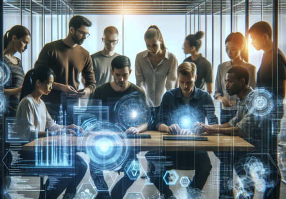 Cinematic editorial image of a diverse team of software engineers collaborating intensely in a modern, high-tech workspace surrounded by transparent holographic AI-driven code analytics and infrastructure monitoring visualizations, highlighting the fusion of human innovation and advanced artificial intelligence accelerating software development.