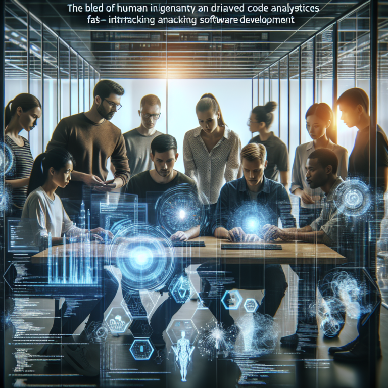 Cinematic editorial image of a diverse team of software engineers collaborating intensely in a modern, high-tech workspace surrounded by transparent holographic AI-driven code analytics and infrastructure monitoring visualizations, highlighting the fusion of human innovation and advanced artificial intelligence accelerating software development.