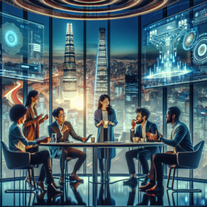 A dynamic, cinematic scene of diverse startup founders and investors engaged in an inspiring networking event inside a modern, high-tech conference space with glimpses of digital innovation displays and Seoul cityscape visible through large windows.