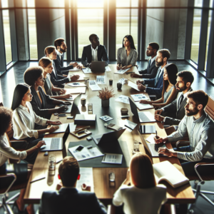 A cinematic, editorial-style image of a diverse group of focused entrepreneurs collaborating intensely around a sleek conference table filled with laptops and notes, illuminated by warm, natural light streaming through large office windows, conveying dynamic mentorship and startup growth in a modern innovation hub.