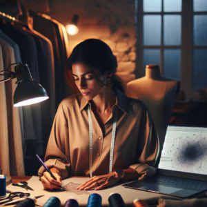 A cinematic editorial photo of a skilled local shirt designer thoughtfully sketching by hand in a cozy studio filled with fabric swatches and sewing tools, while a sleek laptop displaying abstract AI design data softly glows nearby, capturing the harmonious blend of traditional craftsmanship and modern technology.
