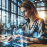 A professional financial advisor in a modern office environment reviewing dynamic digital data and AI-generated charts on transparent futuristic screens, illuminated by natural light, conveying focus, efficiency, and the integration of advanced artificial intelligence workflows to boost productivity.