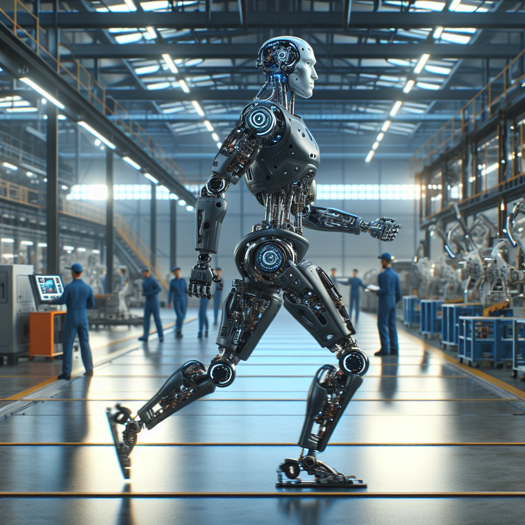 A cinematic, editorial-style image of the advanced Boston Dynamics Atlas humanoid robot dynamically navigating a modern industrial warehouse, showcasing its agile bipedal movement and intricate mechanical design amidst an environment of automated machinery and workers collaborating safely in the background.