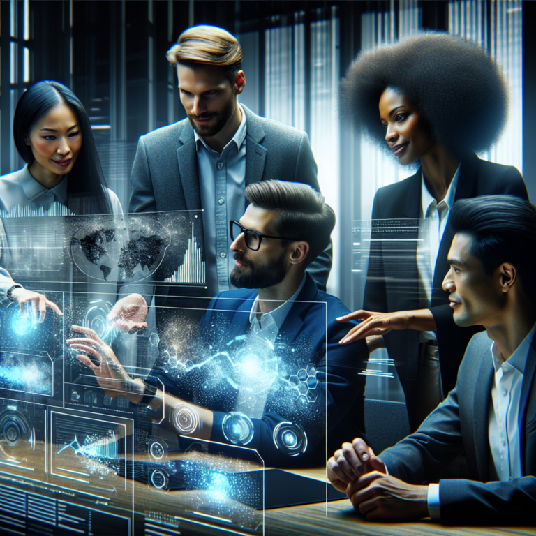A high-contrast cinematic image of a diverse team of professionals collaborating over a digital dashboard displaying abstract data visualizations, with futuristic AI and cloud technology elements subtly integrated into a modern office environment, symbolizing the fusion of AI innovation and data governance within a corporate Salesforce setting.
