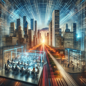 A dramatic wide-angle view capturing the modern Chicago skyline at dusk with illuminated skyscrapers and bustling streets, seamlessly blended with a dynamic shot of a high-tech innovation lab or co-working space in Champaign filled with diverse entrepreneurs collaborating over laptops and prototypes, conveying vibrant startup energy and Midwest innovation.