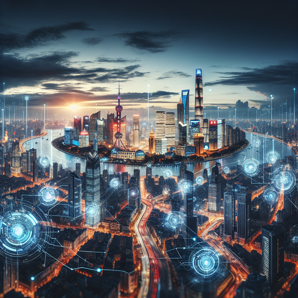 A futuristic cityscape of Shanghai at dusk with glowing digital holograms and AI-themed data streams subtly integrated into the skyline, highlighting modern skyscrapers and tech hubs bustling with innovation under a dramatic, cinematic sky.