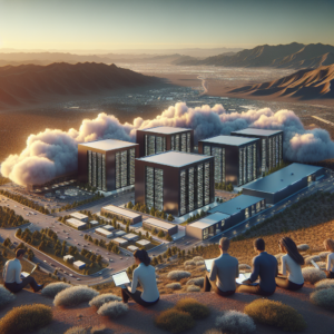 A cinematic, editorial-style image showing a modern tech campus in New Mexico at golden hour, featuring sleek cloud data center buildings surrounded by desert landscape with distant mountains, diverse professionals collaborating outdoors with laptops and digital devices, symbolizing AI innovation and economic growth in a Southwestern community.