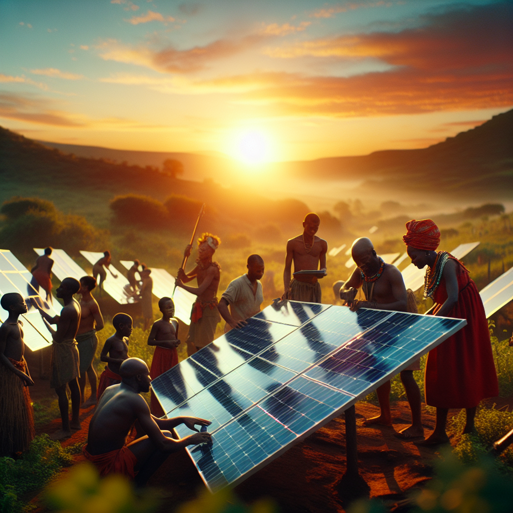 A cinematic shot of African villagers installing sleek, modern solar panels at sunrise, with vibrant green landscape and community members collaborating, capturing sustainable energy transformation and hopeful empowerment without any visible text or branding.