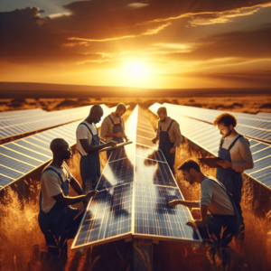 A cinematic, editorial photo of a diverse group of African community members and solar technicians collaborating at a brightly lit solar farm at sunset, with modern solar panels reflecting golden light against a vast savannah landscape and a clear sky, symbolizing sustainable energy and local empowerment.