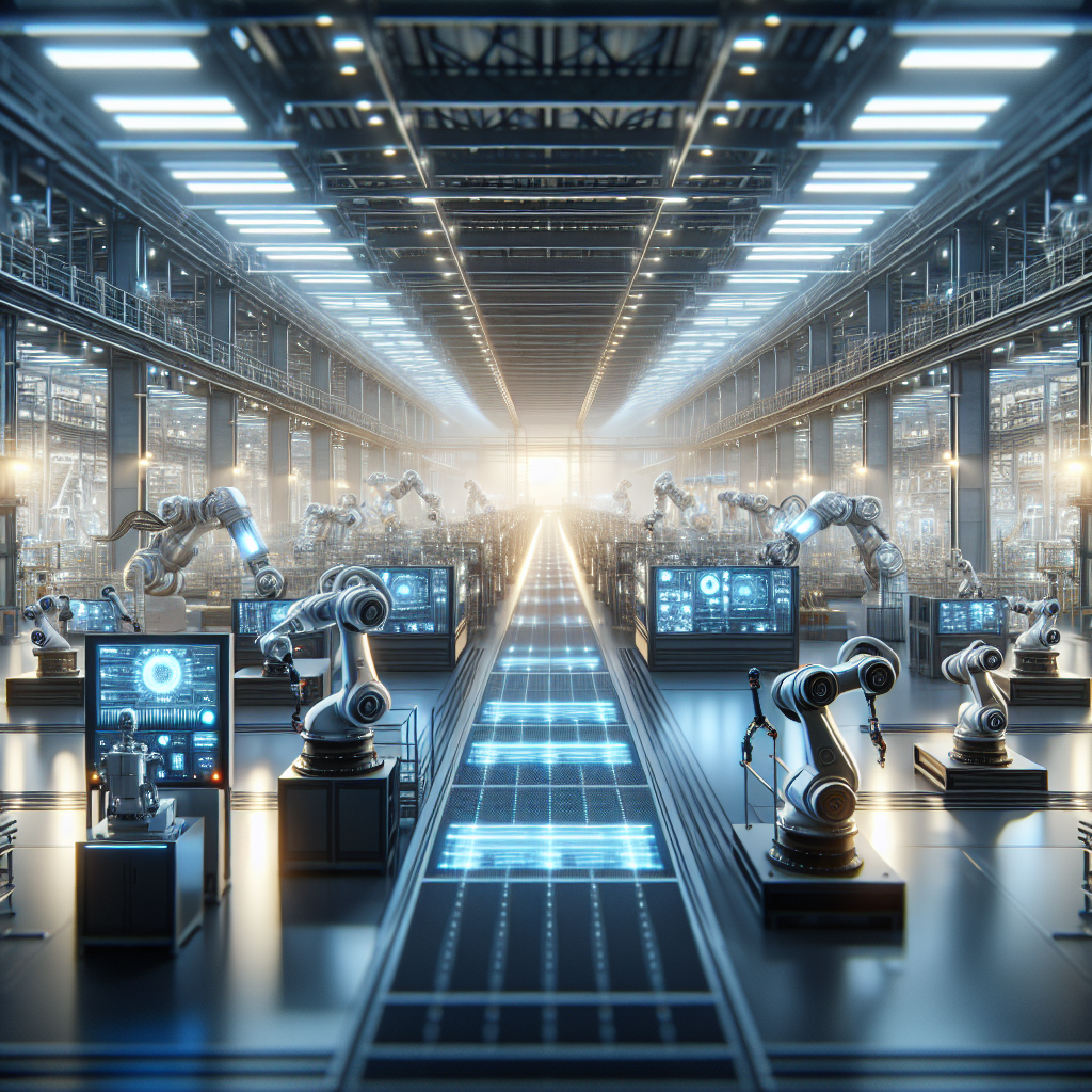 A cinematic wide-angle shot of a modern industrial factory floor featuring advanced collaborative robots working seamlessly alongside technicians, with dynamic lighting highlighting sleek hybrid power systems and futuristic control panels, emphasizing innovation and sustainable automation.
