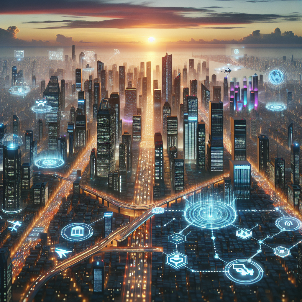 A cinematic aerial view of a futuristic cityscape at dusk with glowing digital maps and AI data visualizations subtly overlaid on streets and vehicles, highlighting smart transportation and software-defined cars navigating seamlessly through illuminated urban infrastructure.