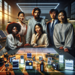 A cinematic, editorial-style image of a diverse group of entrepreneurs and scientists collaborating in a modern high-tech energy startup workspace filled with solar panels, battery prototypes, and digital energy grid displays, bathed in warm natural light symbolizing innovation and the future of clean energy.