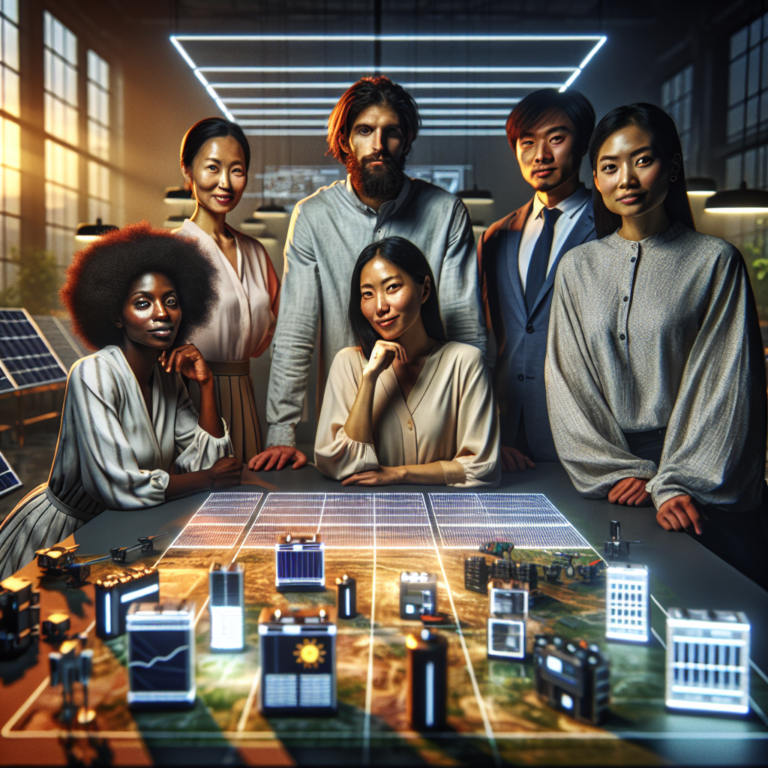 A cinematic, editorial-style image of a diverse group of entrepreneurs and scientists collaborating in a modern high-tech energy startup workspace filled with solar panels, battery prototypes, and digital energy grid displays, bathed in warm natural light symbolizing innovation and the future of clean energy.