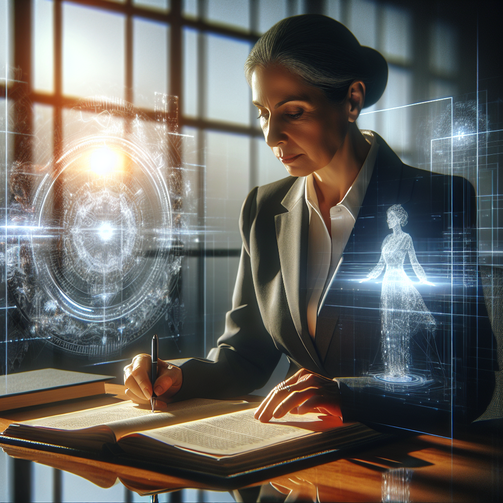 A thoughtful middle-aged professional reviewing complex legal documents on a modern desk with soft natural light streaming through an office window, surrounded by digital holographic interfaces symbolizing AI data analysis and automation, conveying the transformation of estate probate through technology.