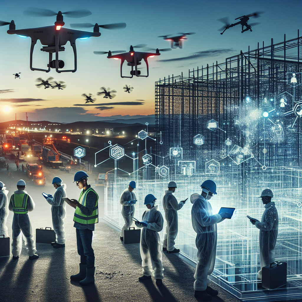 A high-tech data center construction site at dusk with workers wearing safety gear using tablets and drones flying overhead, overlaid with subtle digital holograms of AI-driven workflow diagrams and 3D building models, showcasing a futuristic, efficient, and technology-powered construction environment.