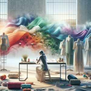 A cinematic editorial photograph of a minimalist fashion studio featuring a designer sketching sustainable clothing concepts surrounded by natural fabrics and eco-friendly materials, bathed in soft natural light that highlights the balance of creativity and responsibility in modern fashion.