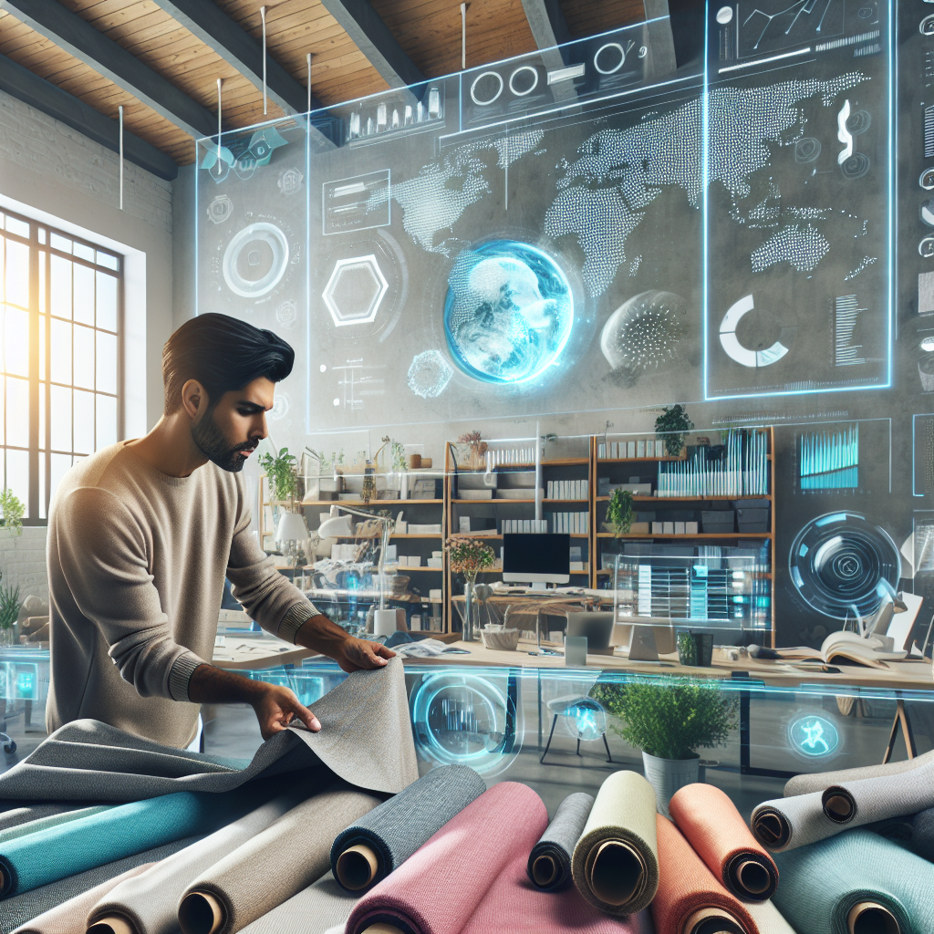 A cinematic editorial photograph of a sleek fashion designer examining eco-friendly fabrics in a modern studio, surrounded by sustainable materials and digital screens displaying data, symbolizing the balance between innovation, profitability, and reducing overproduction in the fashion industry.