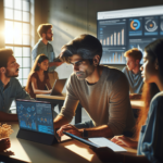 A focused university professor in a modern classroom engaging with diverse students gathered around laptops and digital screens displaying social media graphs and campaign analytics, with warm, cinematic natural light highlighting their collaborative energy and forward-thinking atmosphere.