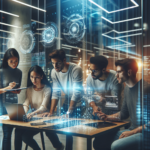 A dynamic, cinematic editorial photo of a diverse group of South Korean startup founders collaborating intensely around futuristic technology prototypes in a modern coworking space, illuminated by sleek LED lighting with digital data overlays subtly reflected on glass surfaces, conveying innovation, growth, and high-tech entrepreneurship.