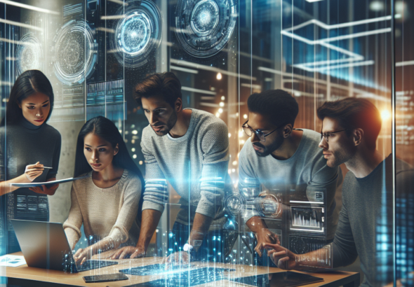 A dynamic, cinematic editorial photo of a diverse group of South Korean startup founders collaborating intensely around futuristic technology prototypes in a modern coworking space, illuminated by sleek LED lighting with digital data overlays subtly reflected on glass surfaces, conveying innovation, growth, and high-tech entrepreneurship.