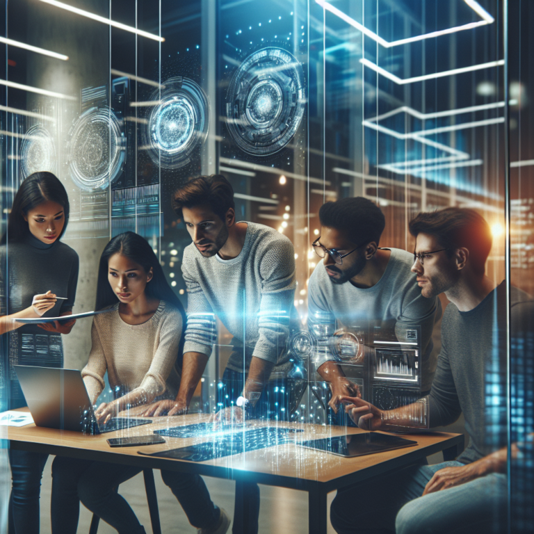 A dynamic, cinematic editorial photo of a diverse group of South Korean startup founders collaborating intensely around futuristic technology prototypes in a modern coworking space, illuminated by sleek LED lighting with digital data overlays subtly reflected on glass surfaces, conveying innovation, growth, and high-tech entrepreneurship.