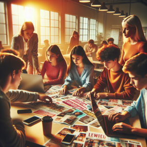 A cinematic, warm-toned editorial photograph of diverse high school students collaborating enthusiastically around a table filled with laptops, marketing materials, and smartphones in a bright, modern classroom, with a local business owner engaging with them in the background, illustrating a dynamic partnership between young learners and the community.