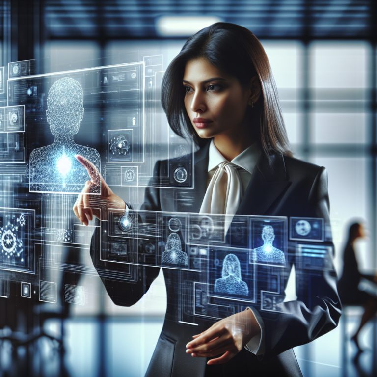 A cinematic, editorial-style image of a focused business professional interacting with multiple transparent digital screens displaying AI data flows and workflow diagrams in a sleek modern office environment, conveying efficient automation and strategic AI integration without visible text or logos.