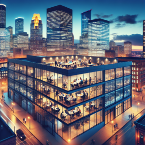 A dynamic, cinematic aerial view of downtown Minneapolis–St. Paul at dusk, showcasing sleek modern office buildings with warm lights on, diverse young entrepreneurs collaborating energetically inside a stylish coworking space visible through large windows, blending urban innovation with the Twin Cities’ vibrant community spirit.